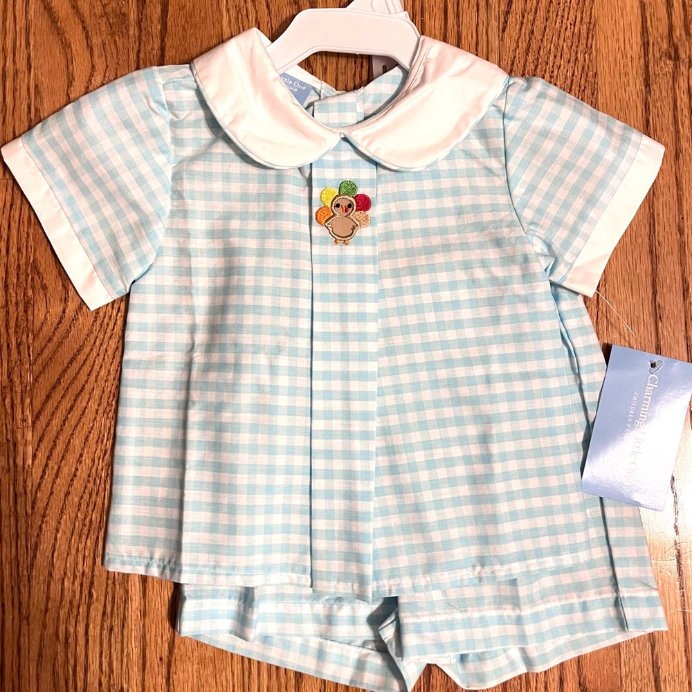 Charming Little One boutique Thanksgiving outfit blue and white gingham